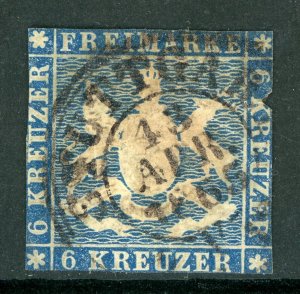 Germany States 1865 Wurttemberg 6 Kr Blue Scott #43 VFU G362