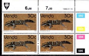 Venda - 1986 Reptiles 30c 1986.01.16 Plate Block MNH** SG 135