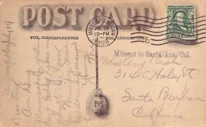 United States California Missent to Santa Ana, Cal. 1908 serifed sl  PC.