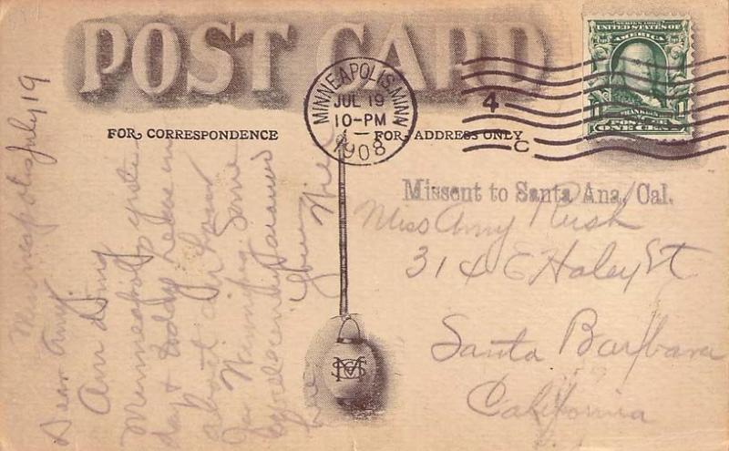 United States California Missent to Santa Ana, Cal. 1908 serifed sl  PC.