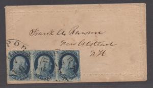 **US 19th Century Cover Scott #7 XF Strip of 3 - RARE COVER (See PSAG Cert)