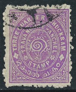 India-Travancore, Sc #9, 3/4ch Used