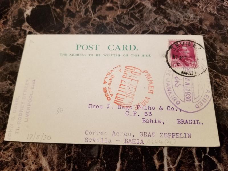 1930 Seville Spain Graf Zeppelin Postcard Cover to Bahia Brazil LZ 127