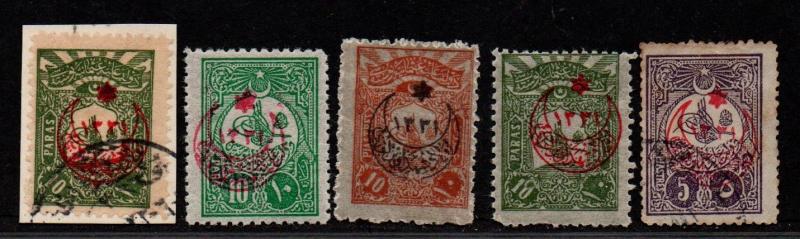 $Turkey Sc#B1-5 used-M/H/F-VF, B3,B5 used, B5 toning, complete set, Cv. $52.50