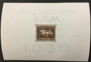(BJ Stamps) GERMANY, B90. 1936, Horse Race sheet  FVF, OG, MNH. CV $25.00