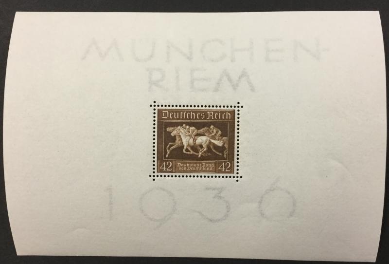 (BJ Stamps) GERMANY, B90. 1936, Horse Race sheet  FVF, OG, MNH. CV $25.00