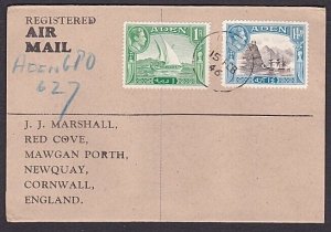 ADEN 1946 'Marshall' cover registered with mss ADEN GPO / 627 reg number...a3639