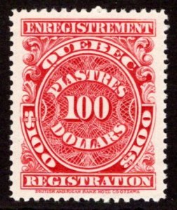 van Dam QR28, MNH, $100 carmine, VF/XF, Quebec Registration Canada Revenue Stamp