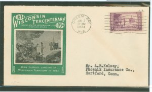 US 739 1934 3c Wisconsin Tercentenary (single) on an addressed first day cover with an Ioor cachet.