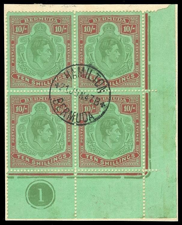 Bermuda 1947 KGVI 10s Plate 1 block BROKEN SCROLLS var VFU. SG 119b,119bd,119be.