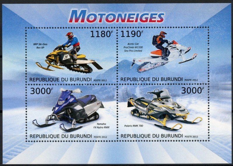 Burundi 2012 MNH Special Transport Stamps Snowmobiles Yamaha Polaris 4v M/S 