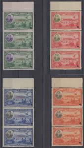 HONDURAS 1937 CARIAS BRIDGE Sc 332-335 SET STRIPS OF 3 PERF PROOFS + SPECIMEN NH 