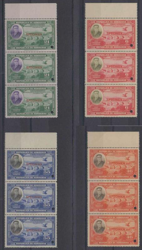 HONDURAS 1937 CARIAS BRIDGE Sc 332-335 SET STRIPS OF 3 PERF PROOFS + SPECIMEN NH 