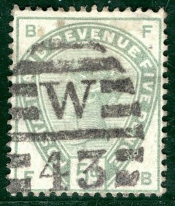 GB QV Stamp SG.189 5d Green (1884) London *W/43* Numeral Used Cat £210- XRED38