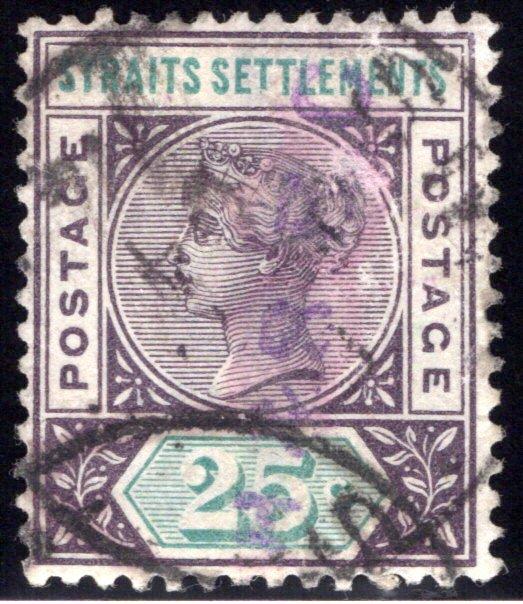 86 Straits Settlements, Queen Victoria, 25c dk vio & grn, used