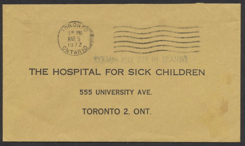 1972 STAMPS FELL OFF IN TRANSIT Handstamp on Cover to a Local Toronto Address