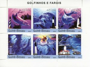 Guinea-Bissau Dolphins & Lighthouses Stamps 2004 MNH Marine Animals 6v M/S