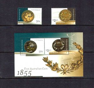 Australia: 2005  150th Anniversary of First Australian Coin MNH set + M/Sheet