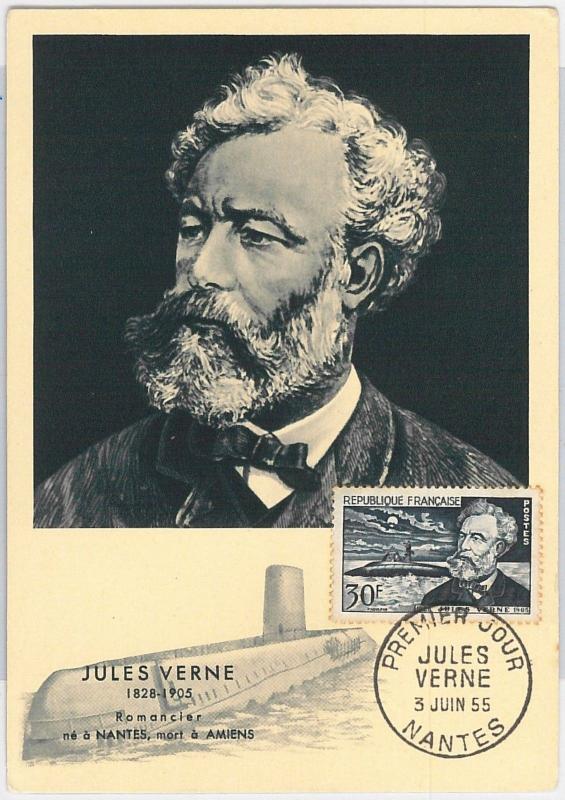 51412  - FRANCE -  MAXIMUM CARD - 1955  Art  Litterature Submarine JULES VERNE