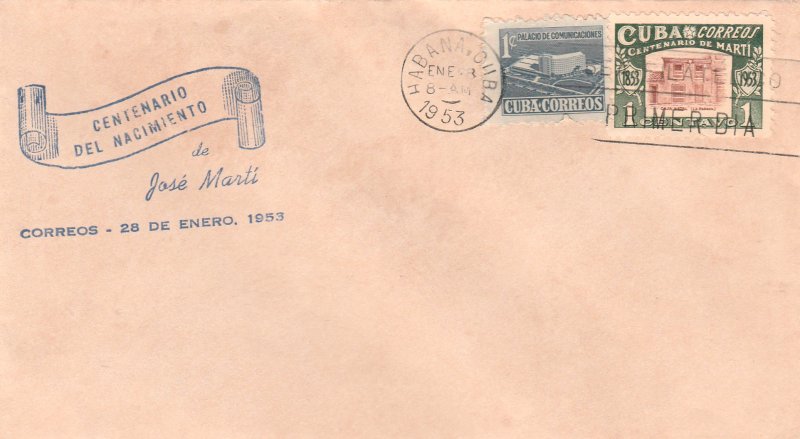 1953 Cuba Stamps Sc 501 Jose Marti Centenary FDC