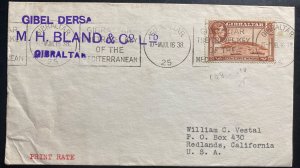 1938 Gibraltar Commercial Print Rate cover To Redlands CA USA