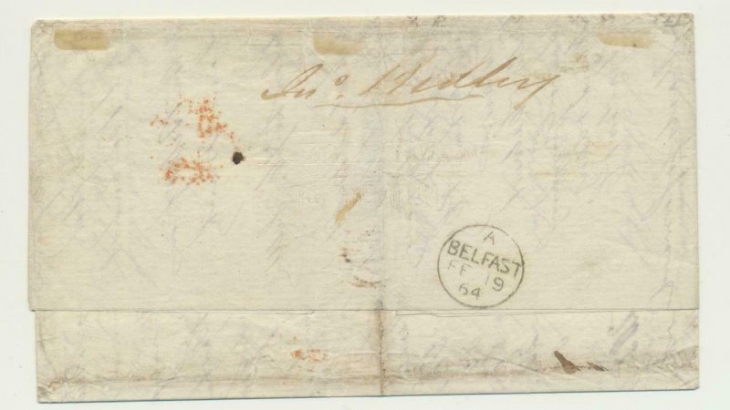 NETHERLANDS  1864, 15c STRIP OF 5+5c ON COVER, ROTTERDAM -BELFAST IRELAND-SCARCE