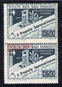 1943 San Marino, n. 239b Pair including one without overprint - MNH** VARIETY