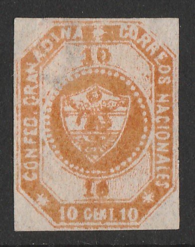 COLOMBIA : 1859 Arms 10c brown-orange, imperf 1st issue. 