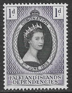 FALKLAND ISLANDS DEPENDENIES 1953 QE2 Coronation Issue Sc 1L18 MH