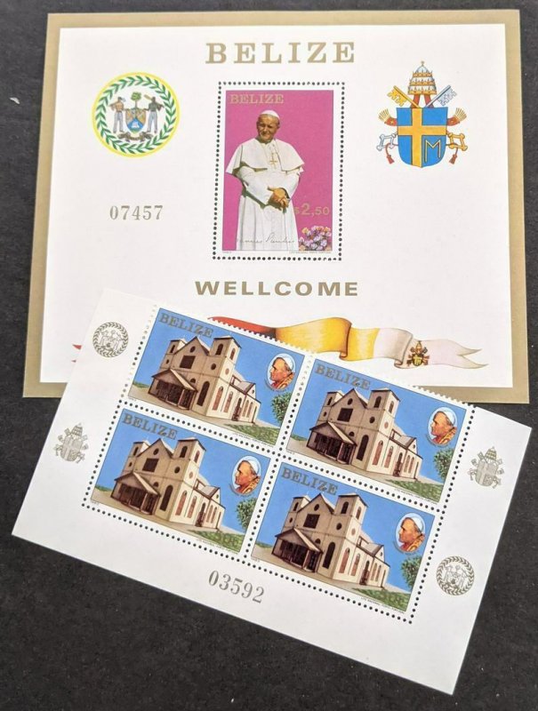 EDW1949SELL : BELIZE 1983 Sc #666-67 Pope visit Blk of 4 & 4 S/S VF MNH Cat $175