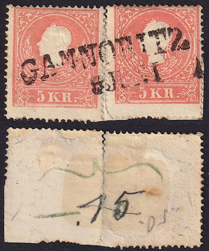 Austria - 1858 - Scott #9 - 2x used on piece - GANNOBITZ pmk Czech Republic