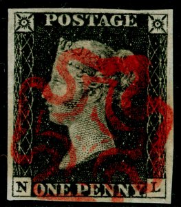 SG2, 1d black, FINE USED. Cat £400. RED MX. 4 MARGINS. NL