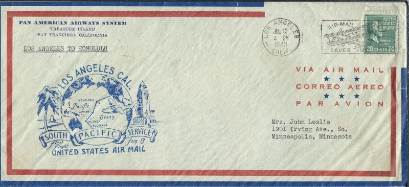 1st Pacific Clipper Flight, Los Angeles, Ca to Honolulu, 1948, solo 20c (47989)
