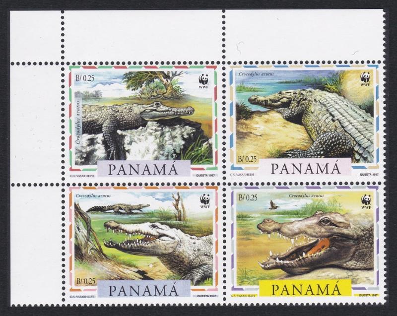 Panama WWF American Crocodile 4v Top Left Corner Block of 4 SG#1590-1593