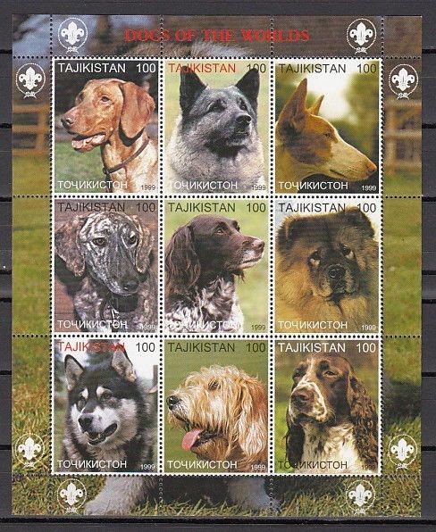 Tadjikistan, 1999 Russian Local issue. Dogs of the World sheet of 9.