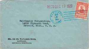 Dominican Republic 2c Horacio Vasquez 1929 Santiago, Rep. Dominicana to Detro...