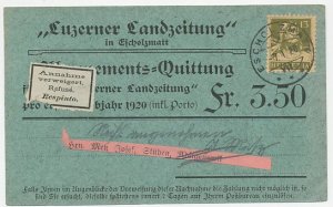 Card / Postmark Switzerland 1920 Subscription receipt Luzerner Landzeitung