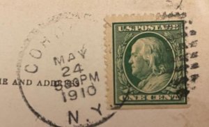 Scott #387 C 1 Cent Benjamin Franklin 1910 over photo post card of Loon Lake NY