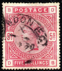 1883 Sg 180 5s rose 'DB' (white paper) Good Used London Hooded Circle Cancel