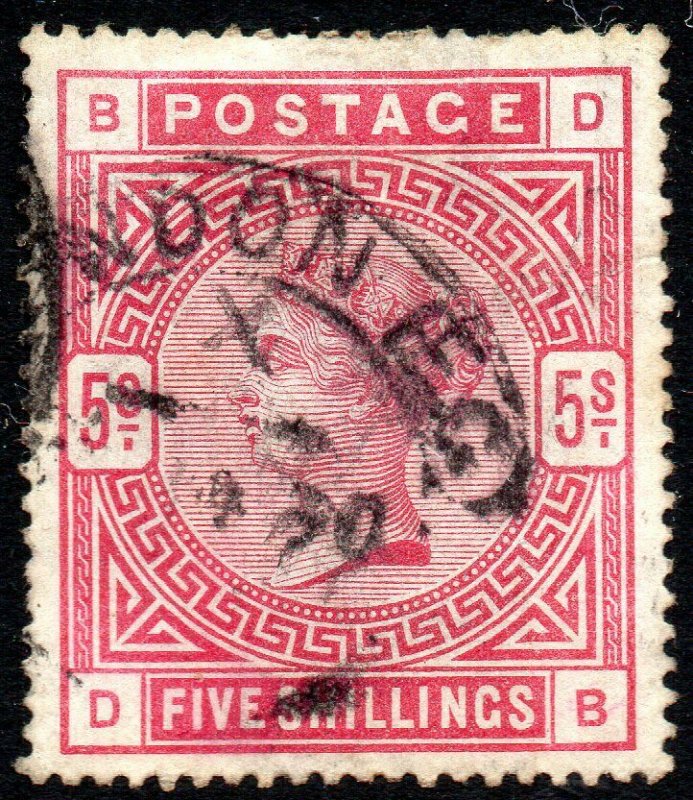 1883 Sg 180 5s rose 'DB' (white paper) Good Used London Hooded Circle Cancel