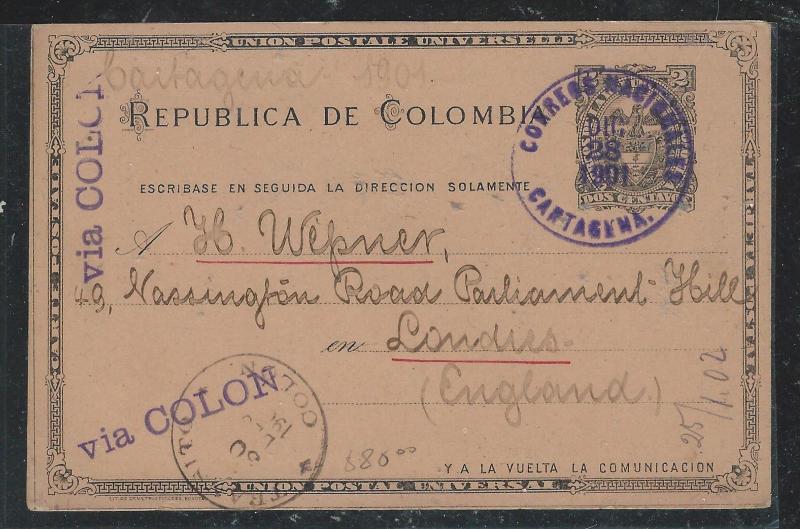COLOMBIA(PP2706B) 1901  2C PSC  CARTAGENA VIA COLON TO ENGLAND
