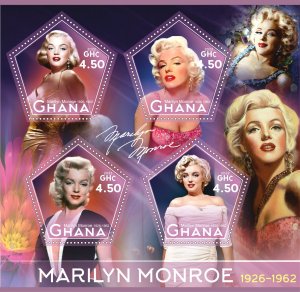 Stamps. Cinema, Actresses, Marilyn Monroe 2022 Ghana 1+1 sheets perforated