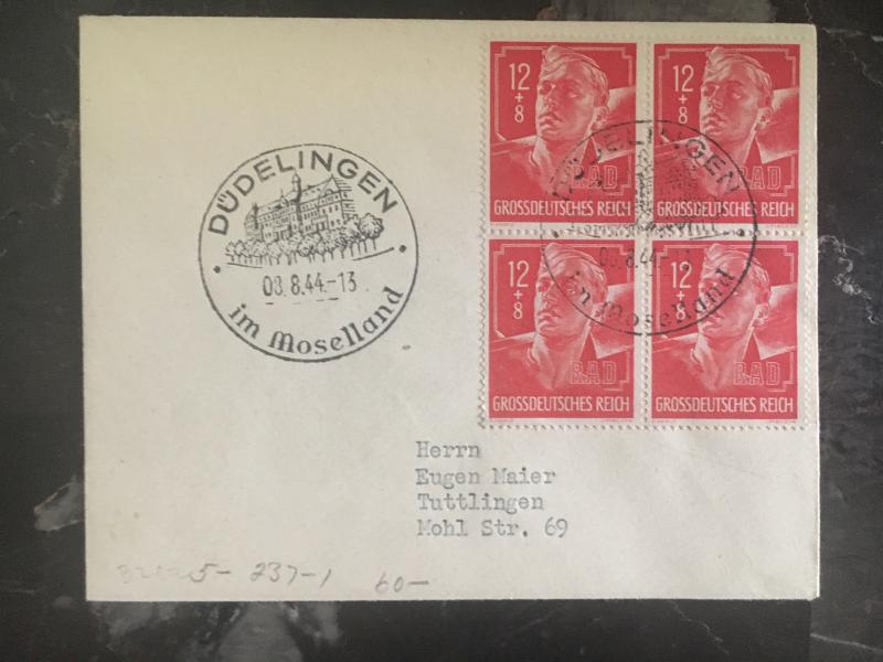 1944 Dudelingen Germany Cover  to Tuttlingen # B282 block of 4