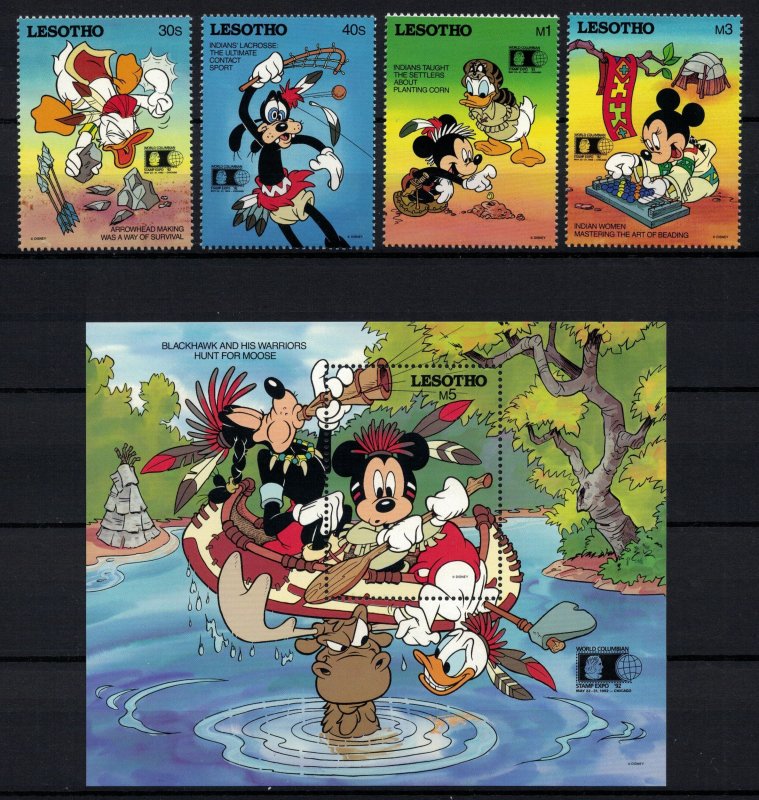 LESOTHO 1992 - Disney characters, as indians / complete set + sheet MNH