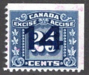van Dam FX117, 14 on 25c blue, used, overprint on  Three Leaf Excise Canada