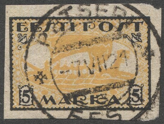 ESTONIA 1919 Sc 35 5mk Used VF Viking Ship, PETSERI Cancel