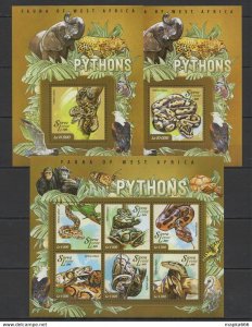 2015 Sierra Leone Reptiles Fauna Snakes Pythons Kb+2Bl ** Stamps St576