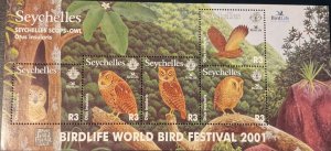 2001 SEYCHELLES.  Owls - Bird Life.  1 block sheet (1 HB 5v) NHM-