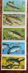 US #2209a MNH Folded Booklet Pane of 5 Fish SCV $4.50 L42