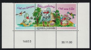 New Caledonia Kagu Birds Greetings Stamp 100f + 2 labels Strip Date number